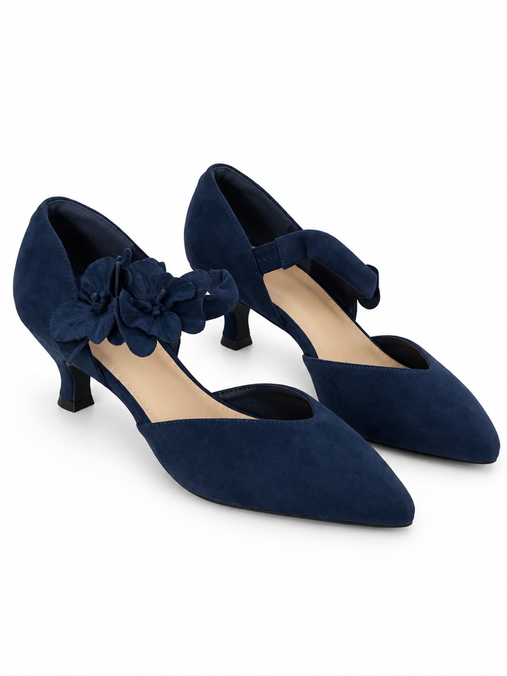 Navy Suede Pointed-Toe Mary Jane Heels with Floral Strap